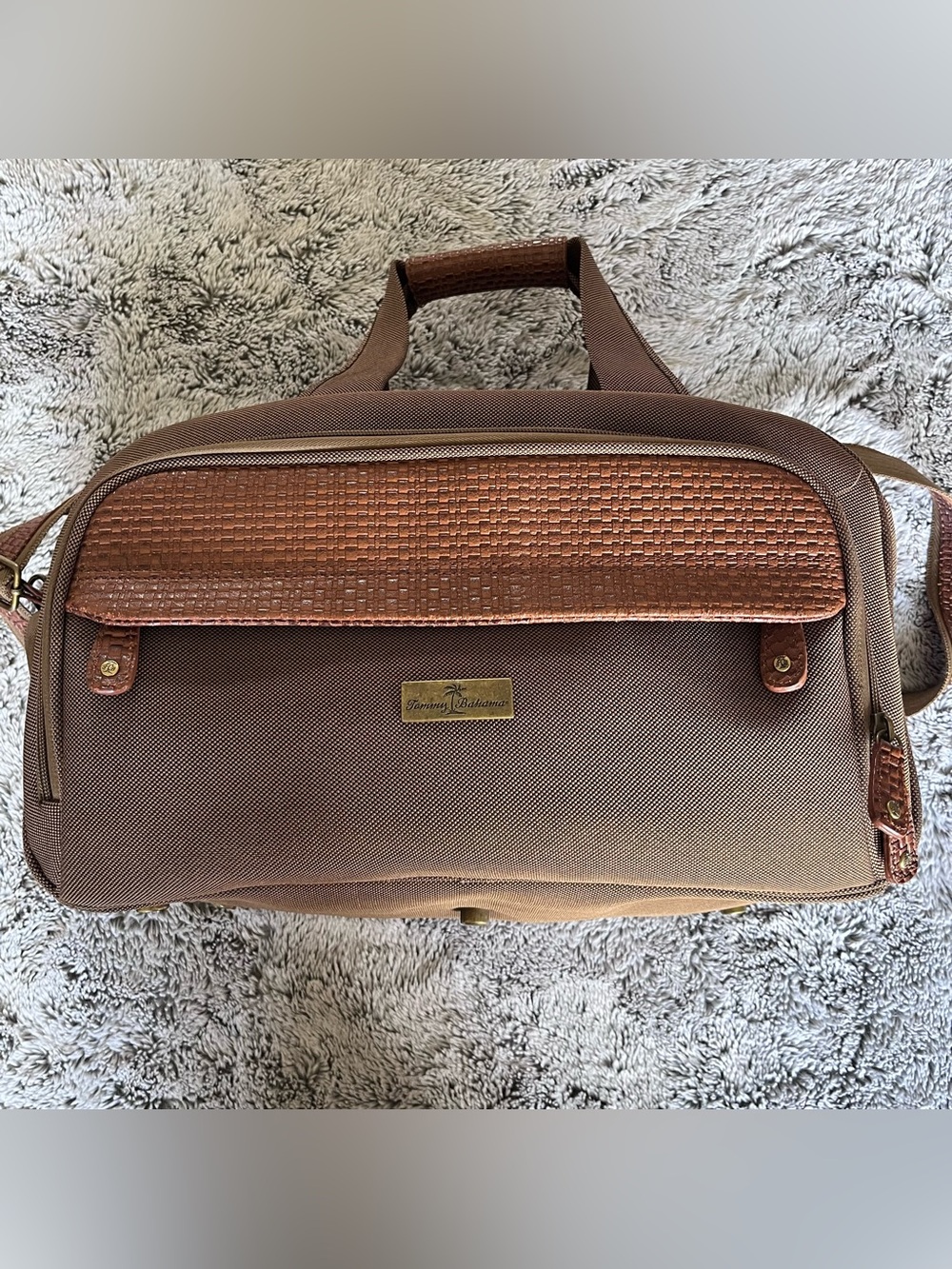 Tommy Bahama Essentials Overnighter Carry On Bag w woven leather accents